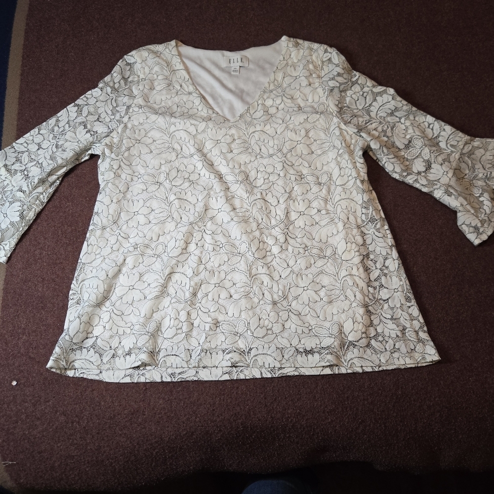Elle Women's Ivory Floral Lace Blouse 3/4 Length Bell Sleeves XXL
